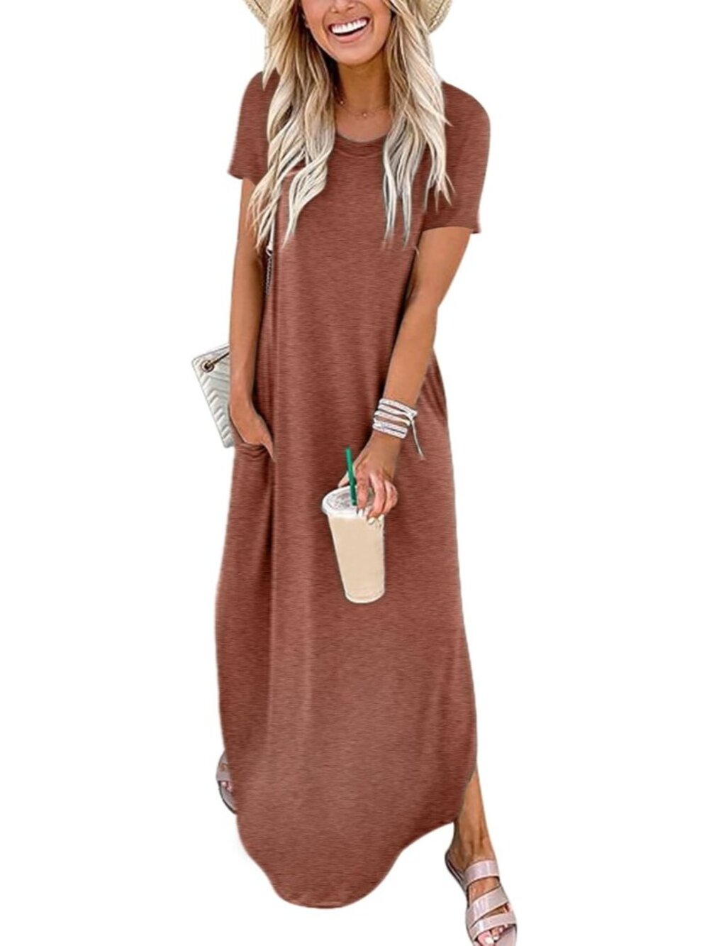 Women's Brown Summer Maxi Dress Short Sleeve Casual Loose Long T Shirt Dress